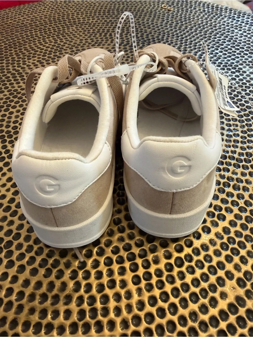 GBG Taupe Suede Low-Top Sneakers with Gold Accents